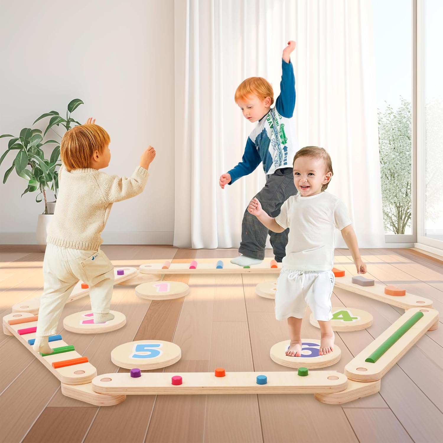 Wooden Balance Beam with Balance Stepping Stones,Wooden Balance Board,Montessori Toy Build Coordination,Agility and Strength,Obstacle Course for Toddler,Best Gift for Kid