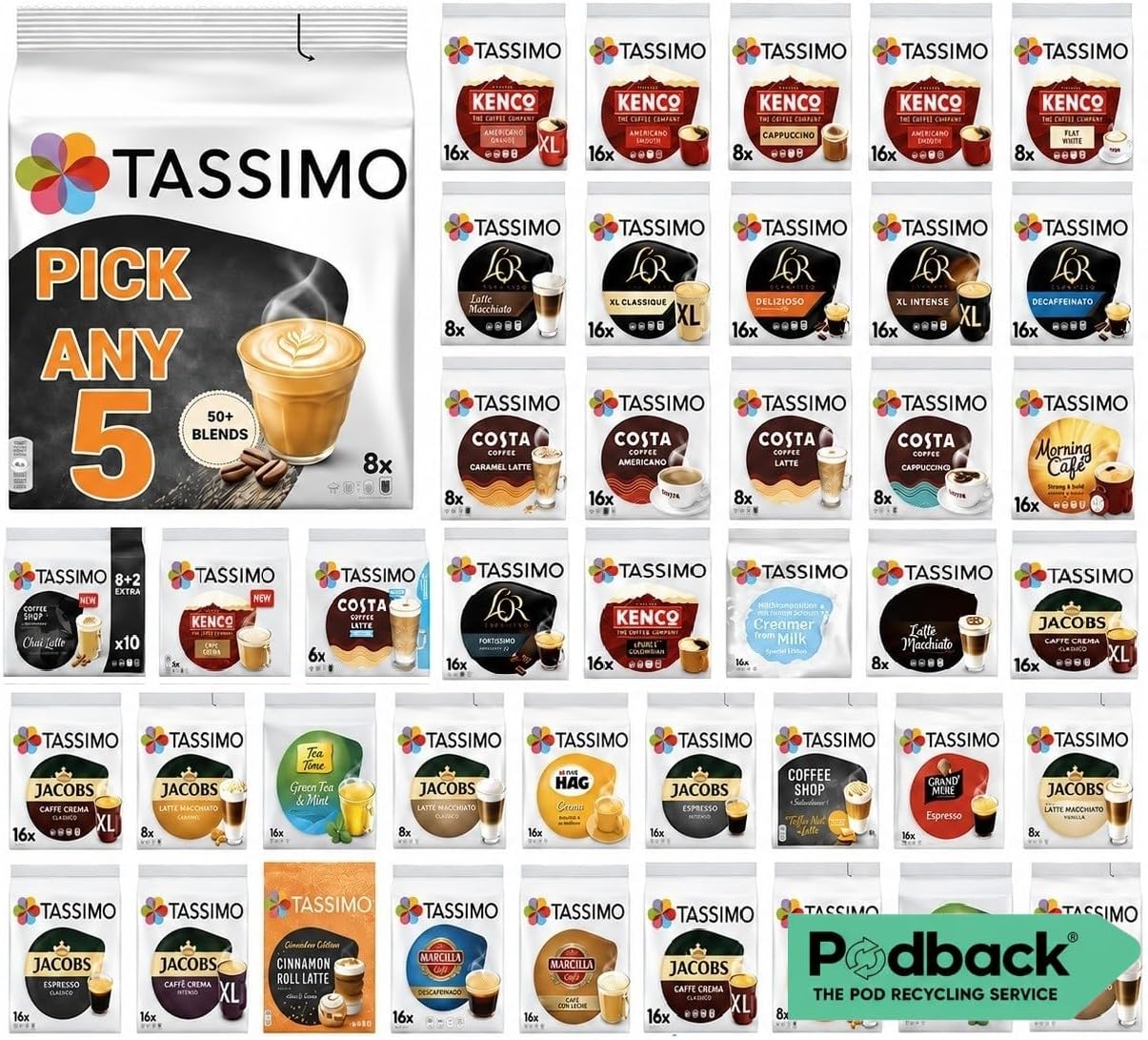 Tassimo Coffee, Tea, Hot Chocolate Pods - Pick Any 5 Packs from 50+ Blends