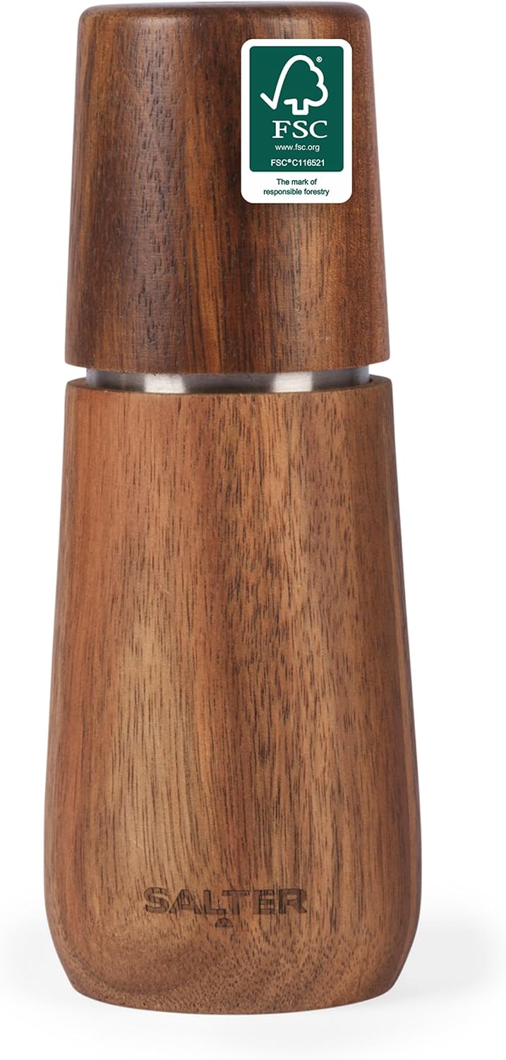 Salter Edith Acacia Pepper Mill – Wooden Spice Grinder, FSC®-Certified Wood, Carbon Steel Grinding Mechanism, Adjustable Grind from Fine to Coarse, Suitable for Peppercorns BW13049APEU7