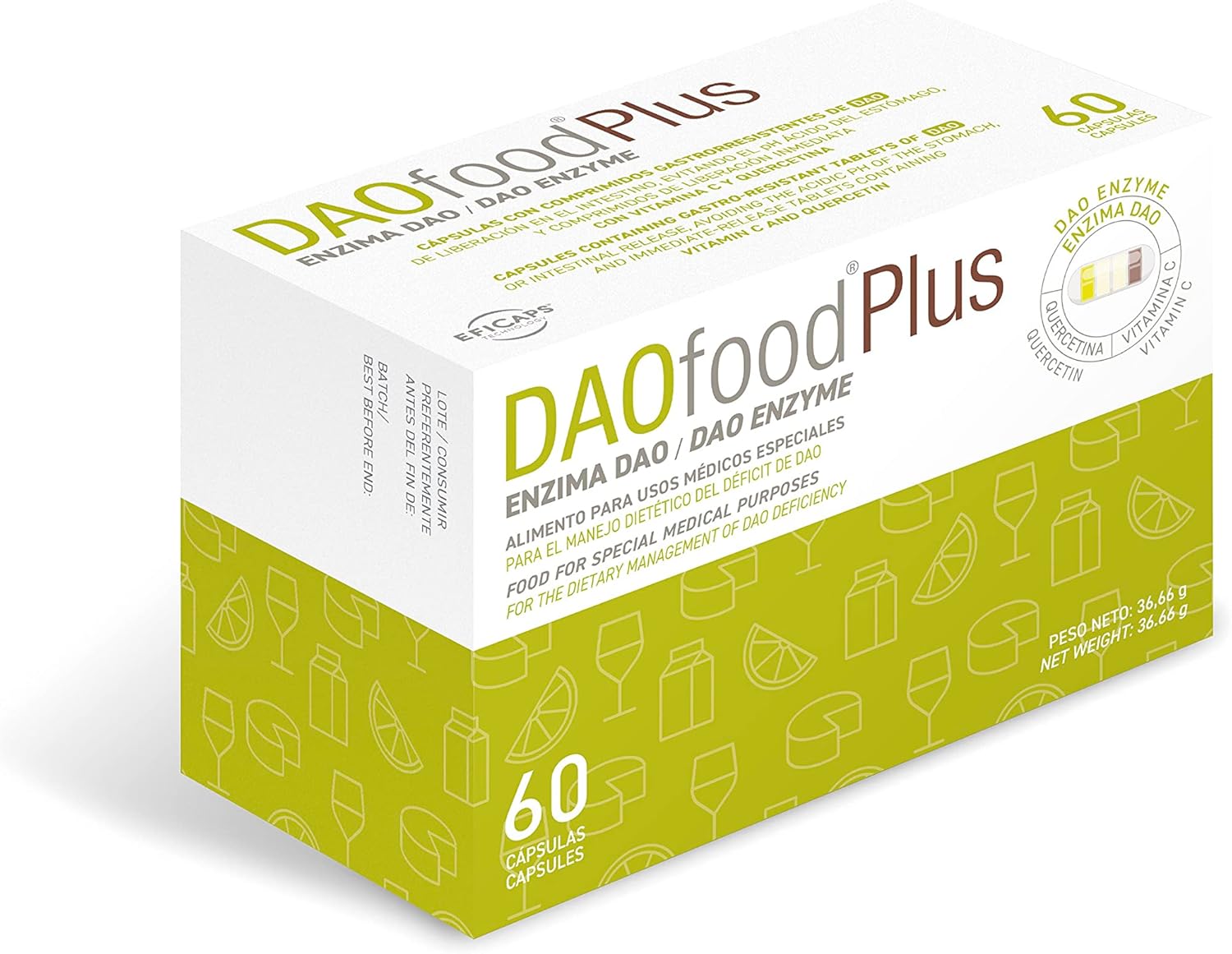 DAOfood Plus - for The Dietary Management of DAO Deficiency - 60 EFICAPS Capsules with Gastro-Resistant Tablets - DAO Enzyme, Quercetin and Vitamin C