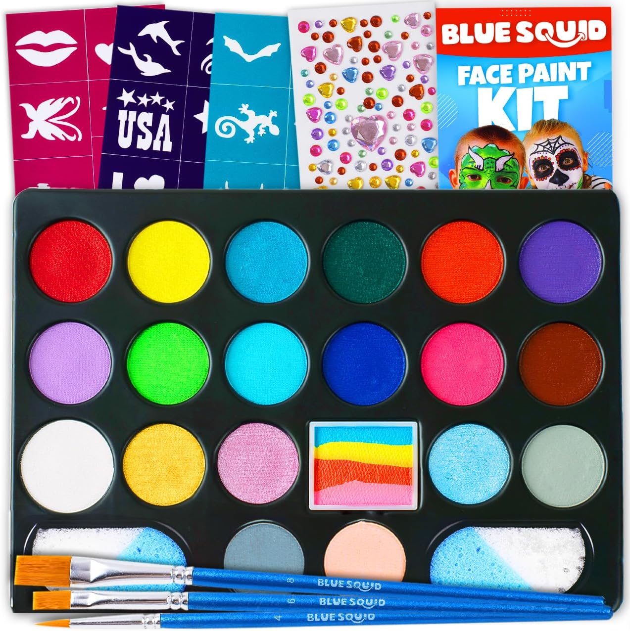 Blue Squid Face Painting Kit for Kids β 22 Colors 160pc Ultimate Face Paint Kit, Stencils, Book - Safe for Sensitive Skin, Non Toxic Face Painting Kit Professional - Kids Party, Halloween Makeup Kit