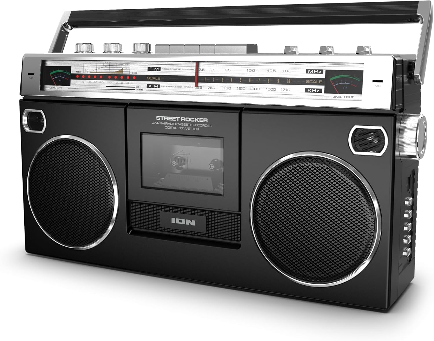 Ion Audio 1980S-Style Portable Bluetooth Boombox AM/FM Radio Cassette Player Recorder, VU Meters, USB Recording, Dual Full-Range High Bass Speakers (Black)