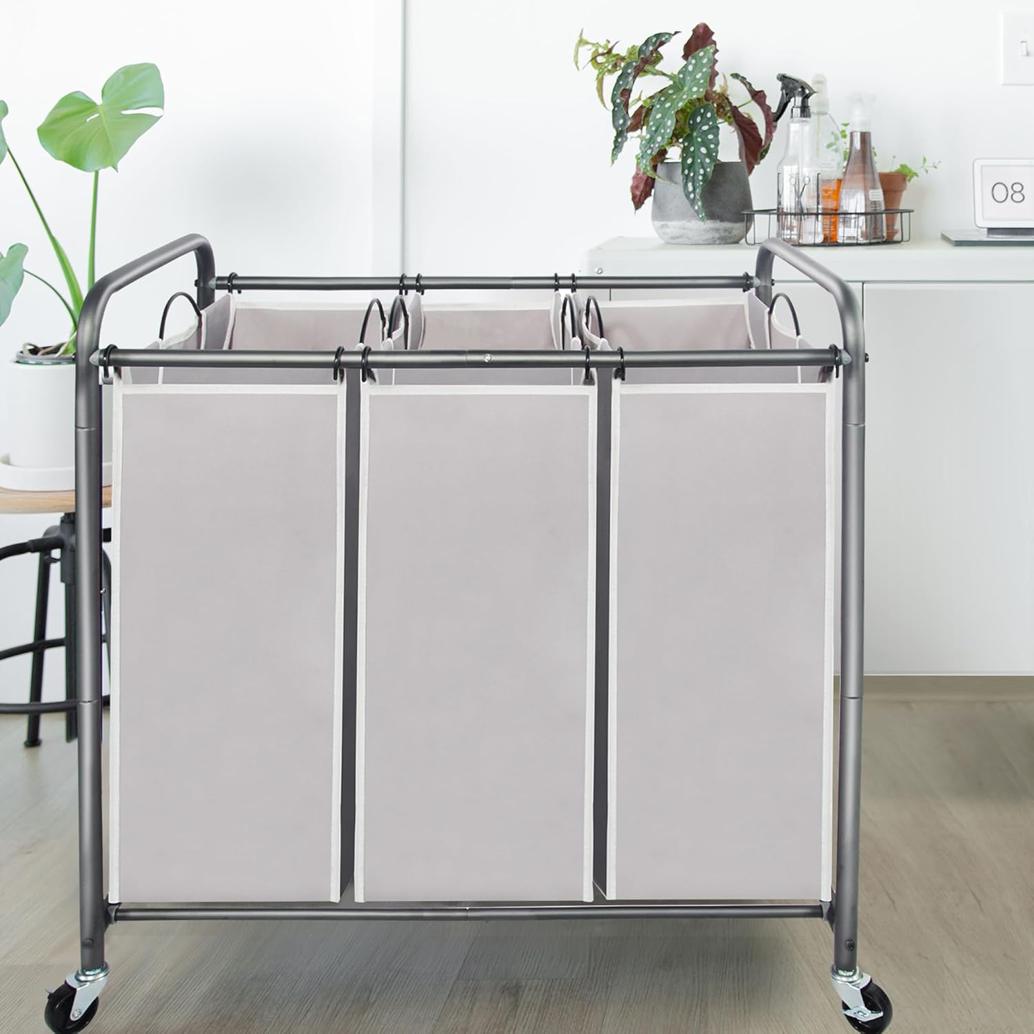 Laundry Sorter Hamper with Wheels, Heavy-Duty Laundry Sorter Rolling Cart, Lockable Wheels and Removable Bags, 3 Sections, Grey