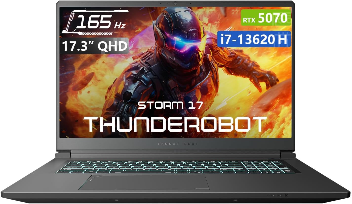 Thunderobot Storm 17 5070 Gaming Laptop, 17.3" QHD 165Hz 2K Display, Core i7-13620H, GeForce RTX 5070, 64GB DDR5 RAM, 2TB SSD, RGB Backlit Keyboard, HDMI, Wi-Fi 6, Win11 Home