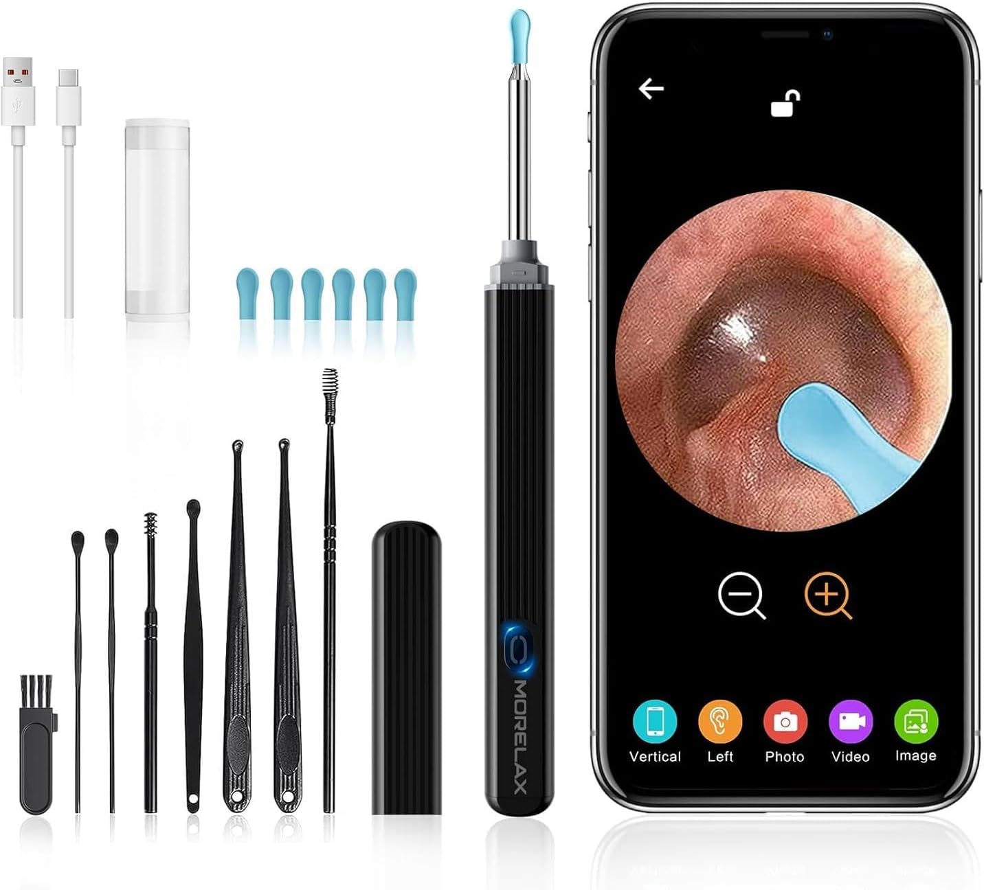 Ear Wax Removal,Ear Wax Cleaner with Camera,Earwax Removal Tool, with 8 Ears, Earwax Cleaning kit 1080P HD Otoscope - Ear Camera with 6 Ear Scoops - Otoscope Ear Pick for iOS and Android (Black)