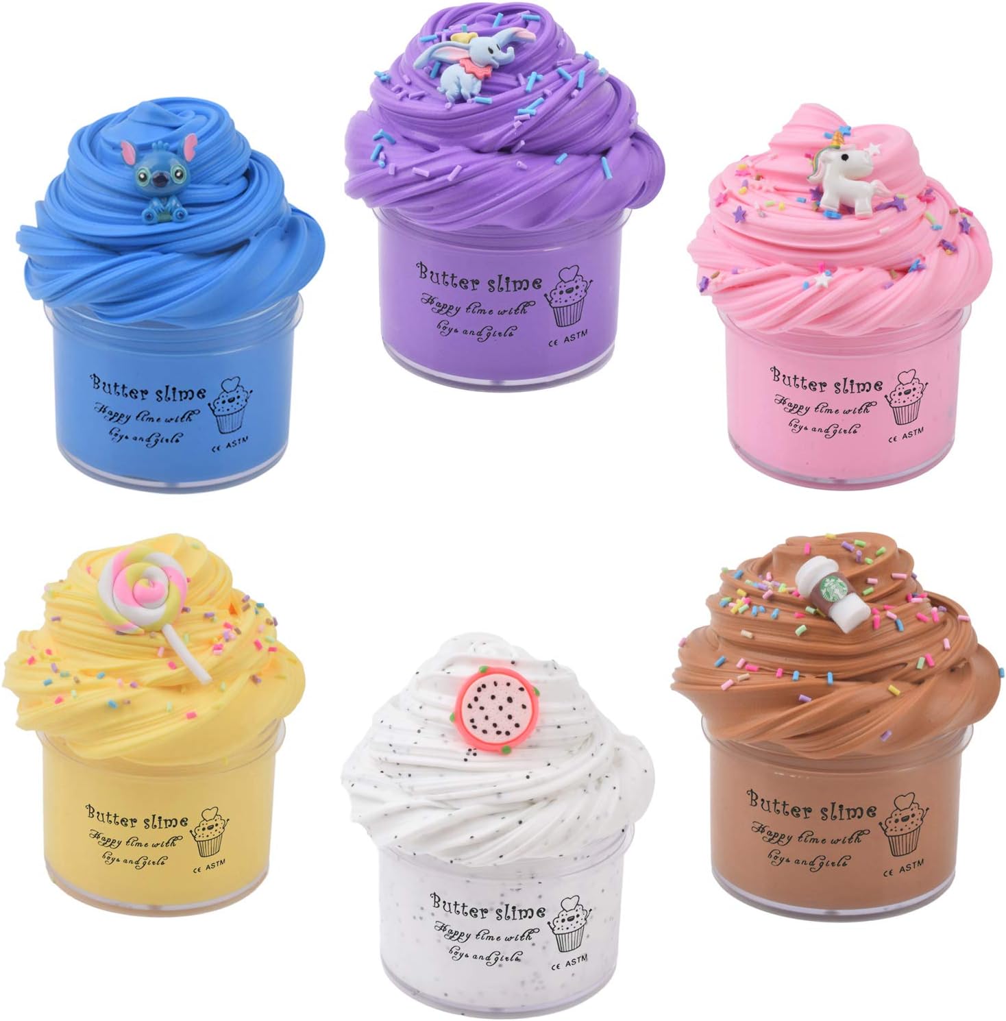 6 Pack Butter Slime Kit with Blue, Elephant, Unicorn, Candy, Dragon Fruit and Coffee Charms, Scented DIY Slime Supplies for Girls and Boys, Stress Relief Toy for Kids Education, Party and Gift