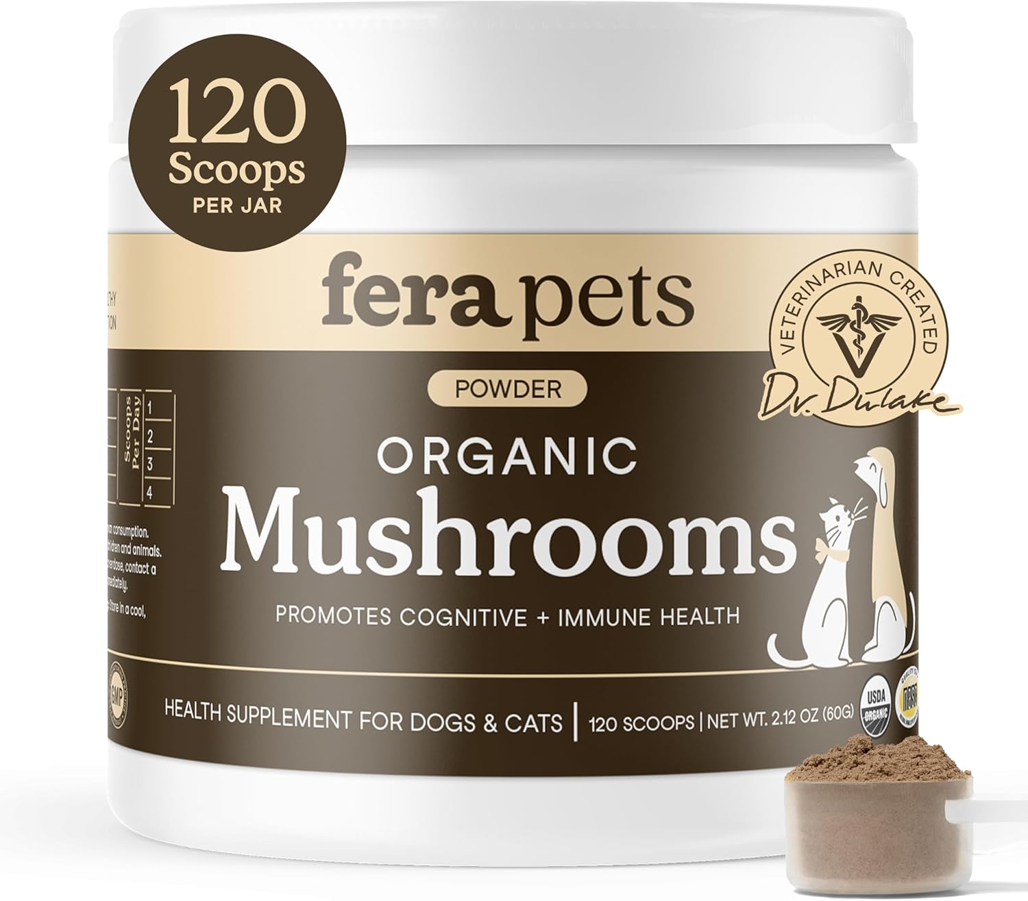 Fera Pet Organics Turkey Tail Mushroom Supplement for Dogs & Cats - Vet Created - for Cognition & Immune System – Organic Lion’s Mane, Shiitake Mushrooms - 120 Scoops​