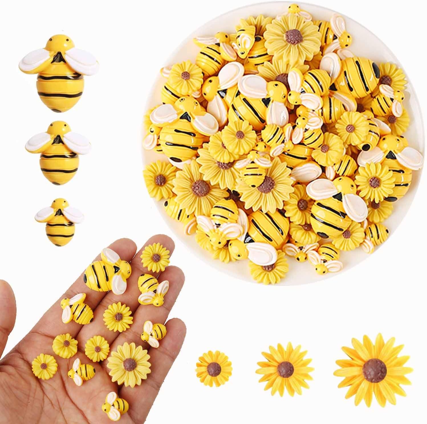 90Pcs Resin Bee Daisy Flowers Decor Tiny Bees Craft Decoration Flatback Bumble Bee Shaped Embellishment for DIY Crafts Scrapbooking Party Spring Decor(Yellow Sunflowers)