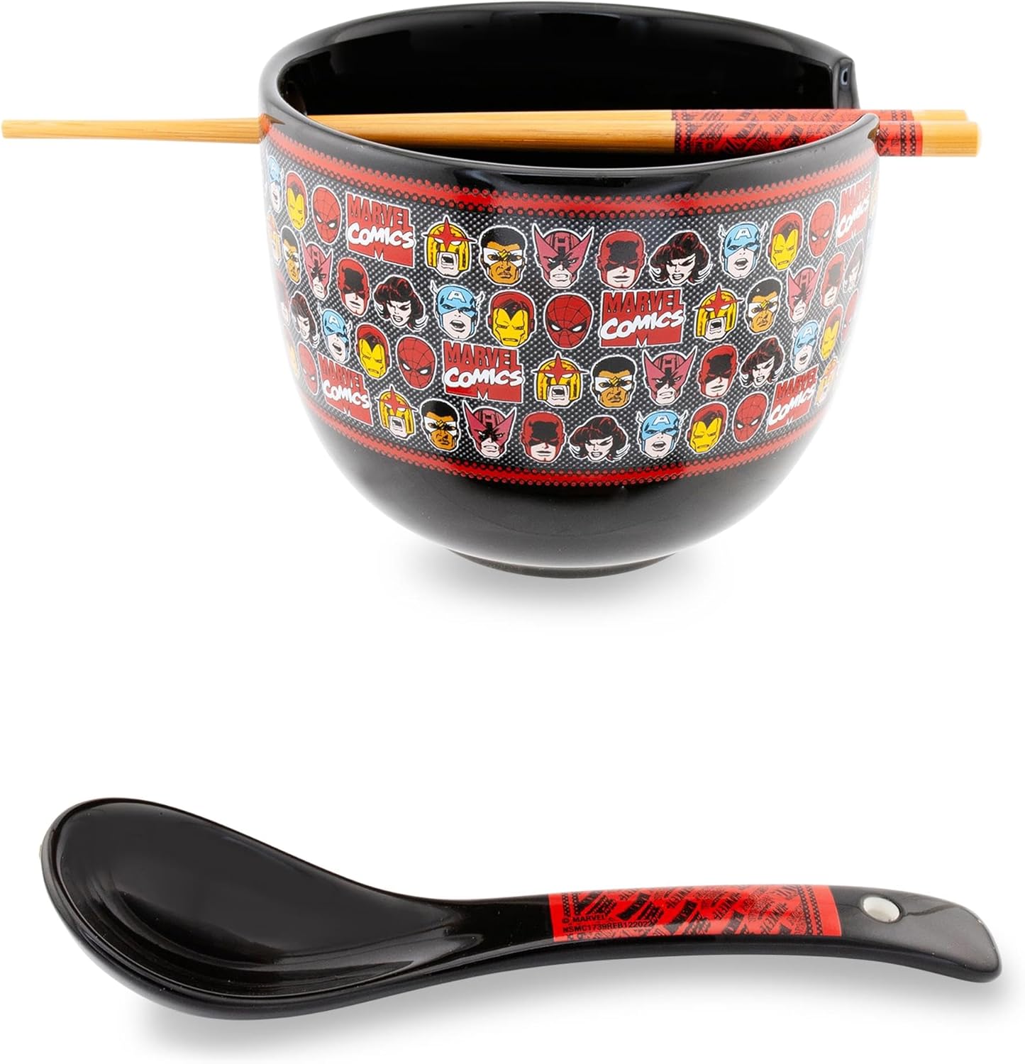 Silver Buffalo Marvel Comics Superheroes Ceramic Ramen Dinnerware Set | Includes 20-Ounce Noodle Bowl, Wooden Chopsticks, and Spoon
