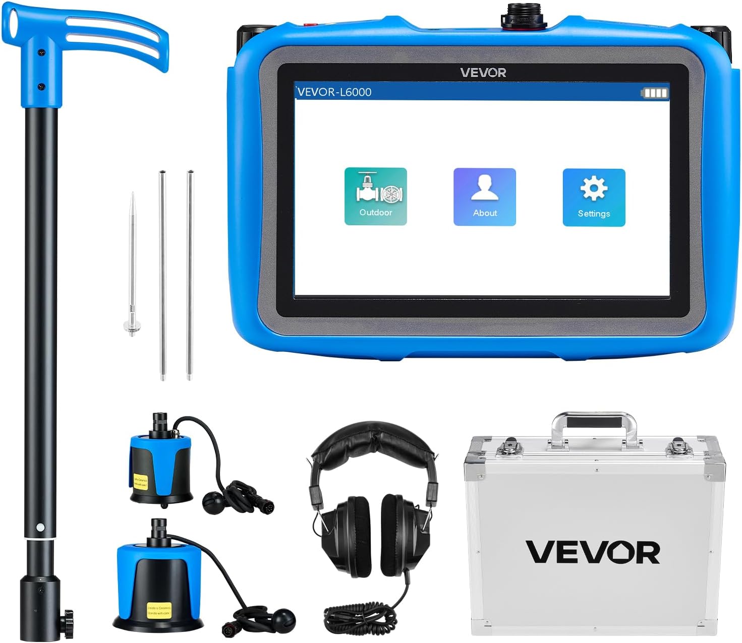 VEVOR Pipe Water Leak Detector for Outdoors, 1Hz-10000Hz, 7" Touchscreen Leakage Detection Locator for 16.4FT (5m) Underground Plumbing - with Medium & Large Sensor, 3 Listening Rods, Headphone & Case