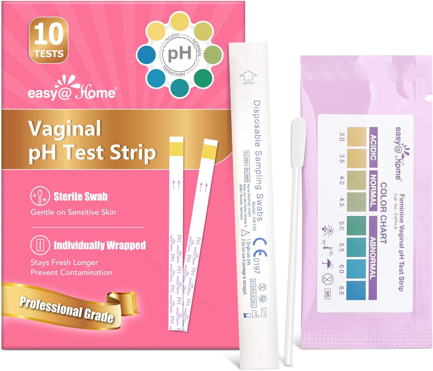 Easy@Home Vaginal pH Test -10 Strips | BV Test Kit at Home for Women | Yeast Infection Test + pH Balance for Women
