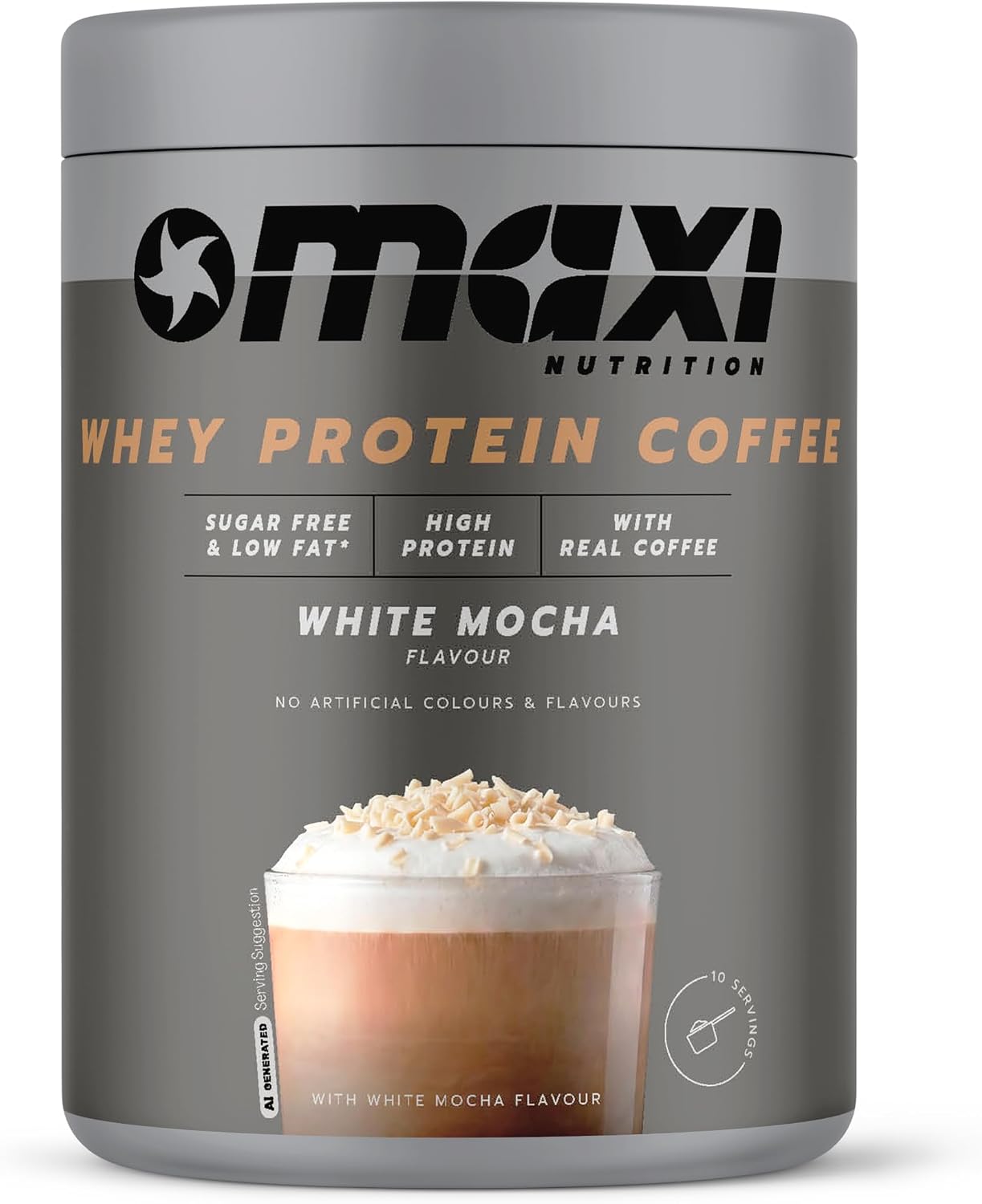 MaxiNutrition MaxPresso White Chocolate Mocha, Protein Coffee, Whey Protein Powder, 21 g Protein per Serving, Sugar-Free & Low-Fat, Mix Warm or Cold