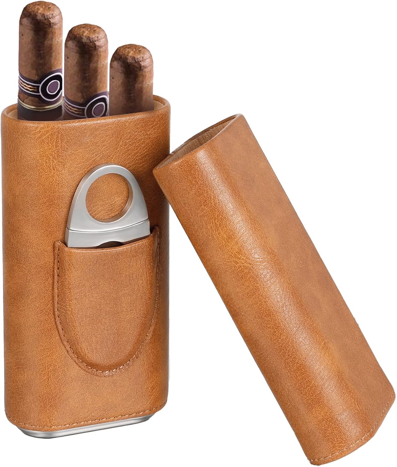 Xinzistar 3 Tubes Cigar Case Humidor Cigar Box with Stainless Steel Cigar Cutter, Leather Humidors with Cedar Wood Lining Cigar Holder Storage Accessories for Travel Outdoor, Light Brown