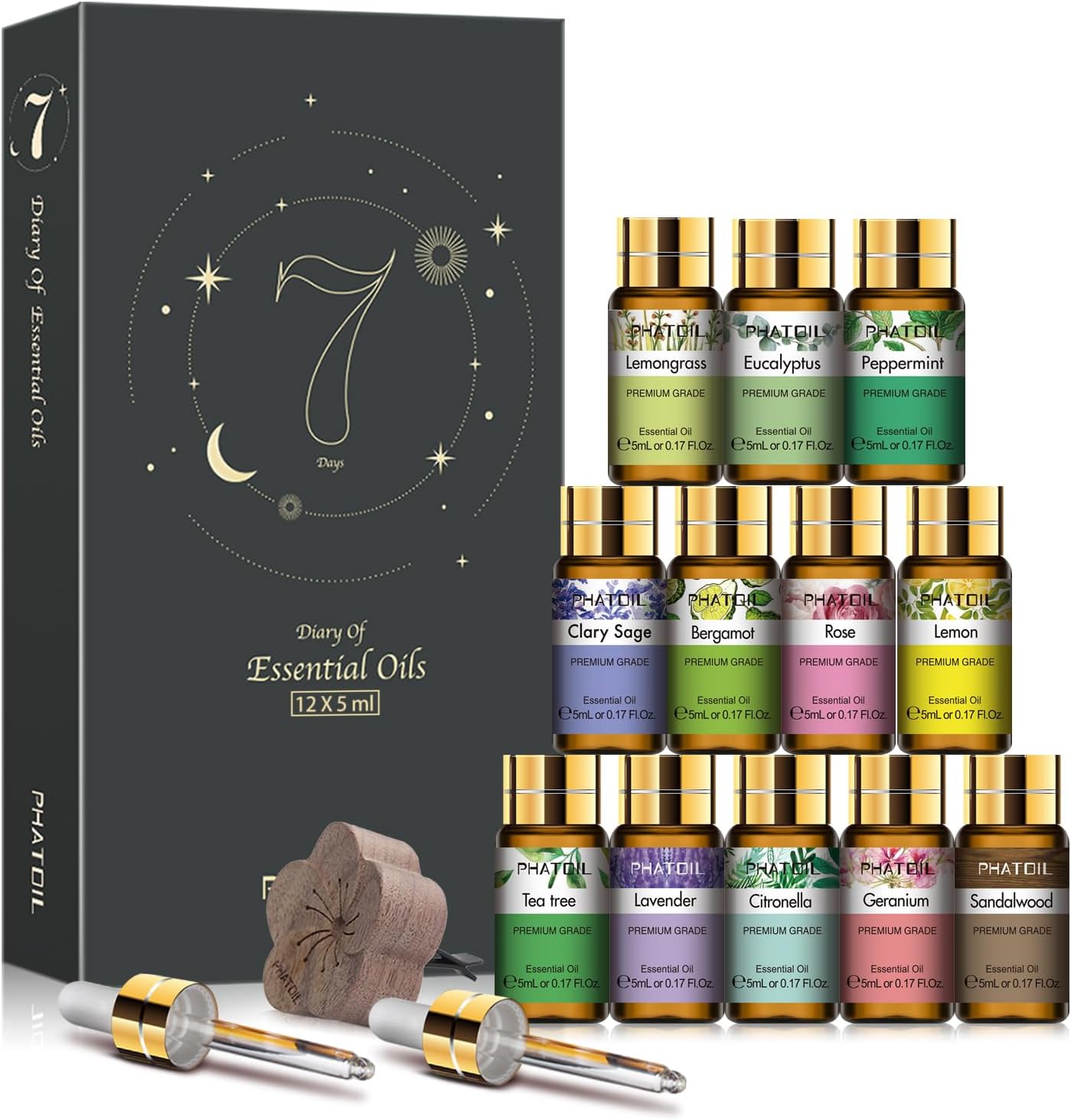 Essential Oil Set, 12x5ml Essential Oils Gift Set with Diffused Wood, 100% Natural Pure Essential Oils for Diffusers DIY Candle Soap Making