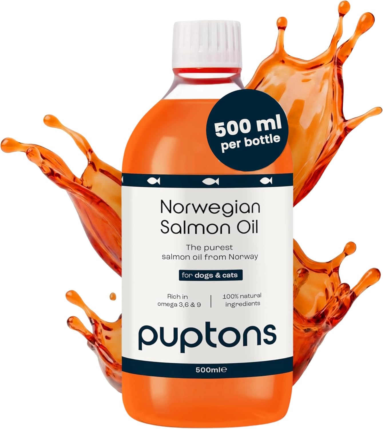 Puptons Norwegian Salmon Oil for Dogs & Cats | 500ml | Contains 21 Omega Fatty Acids | Fish Oil Supplement for Glossy Coat, Immune Support, Itchy Skin