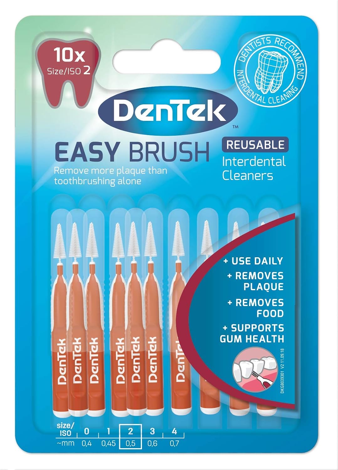 DenTek Easy Brush Interdental Brushes, ISO2/0.5mm for removing food and plaque between teeth. 10 Pack