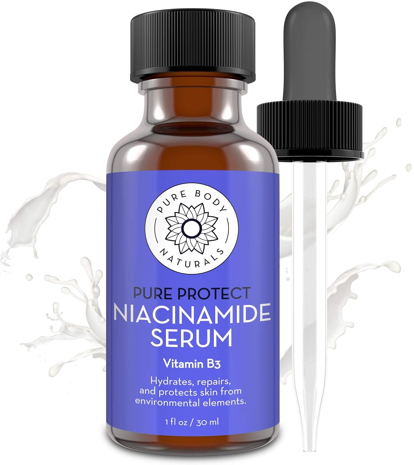 Pure Body Naturals Vitamin B3 Niacinamide Serum, 1 Fluid Ounce - Super Moisturizer Cream for A Younger Looking Face and Body - Pore Reducing Facial Lotion - Pure and Natural Ingredients