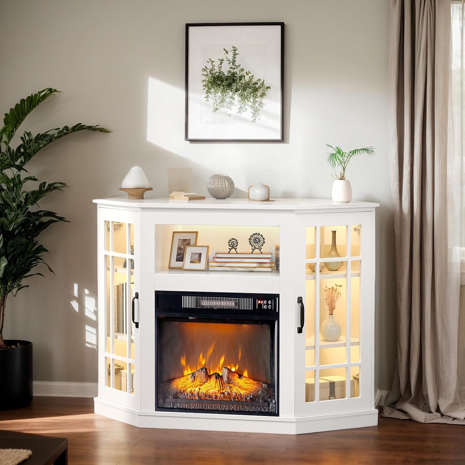Bonnlo Fireplace TV Stand up to 55" TVs, Modern Electric Fireplace TV Console with Heater, Glass Doors & Open Shelves, Entertainment Center with LED Light, Living Room