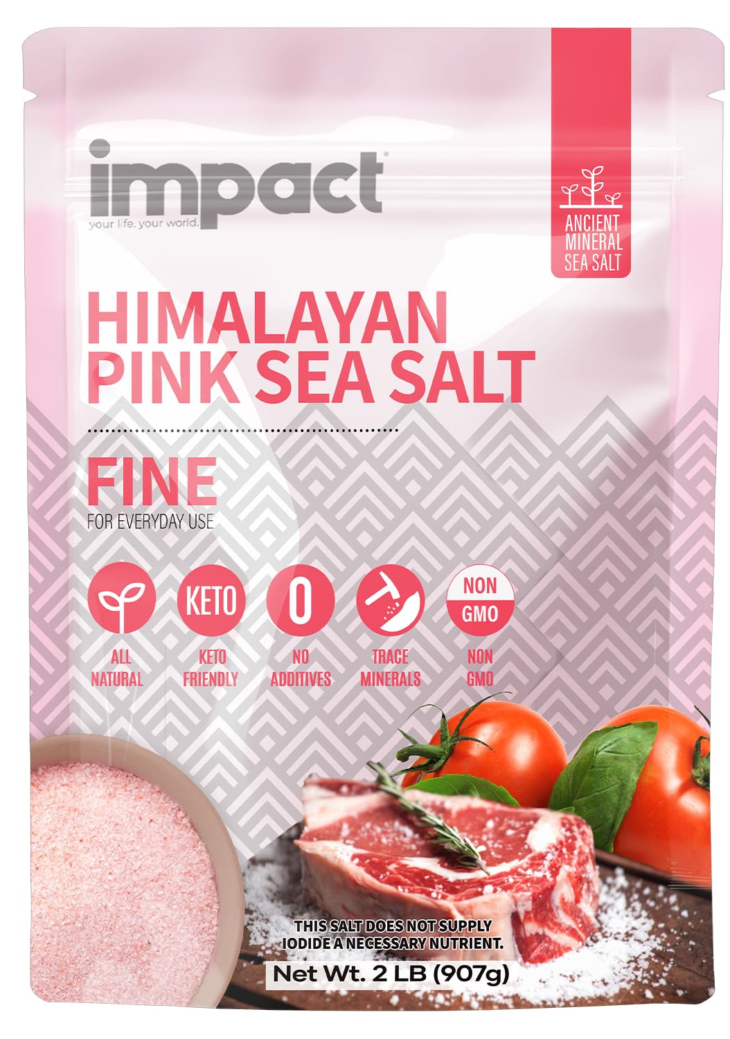Impact - Fine Himalayan Pink Sea Salt - No Additives Rich in Trace Minerals Non-GMO Gluten-Free Ideal for Low-Carb Fasting Cooking - 2lb Pouch