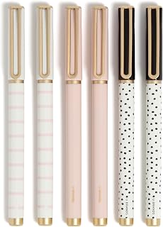 U Brands Catalina Felt Tip Pens, Set of 6, Classic Chic Stripes and Dots with Gold Details, Medium (0.7 mm) Point, Black Ink