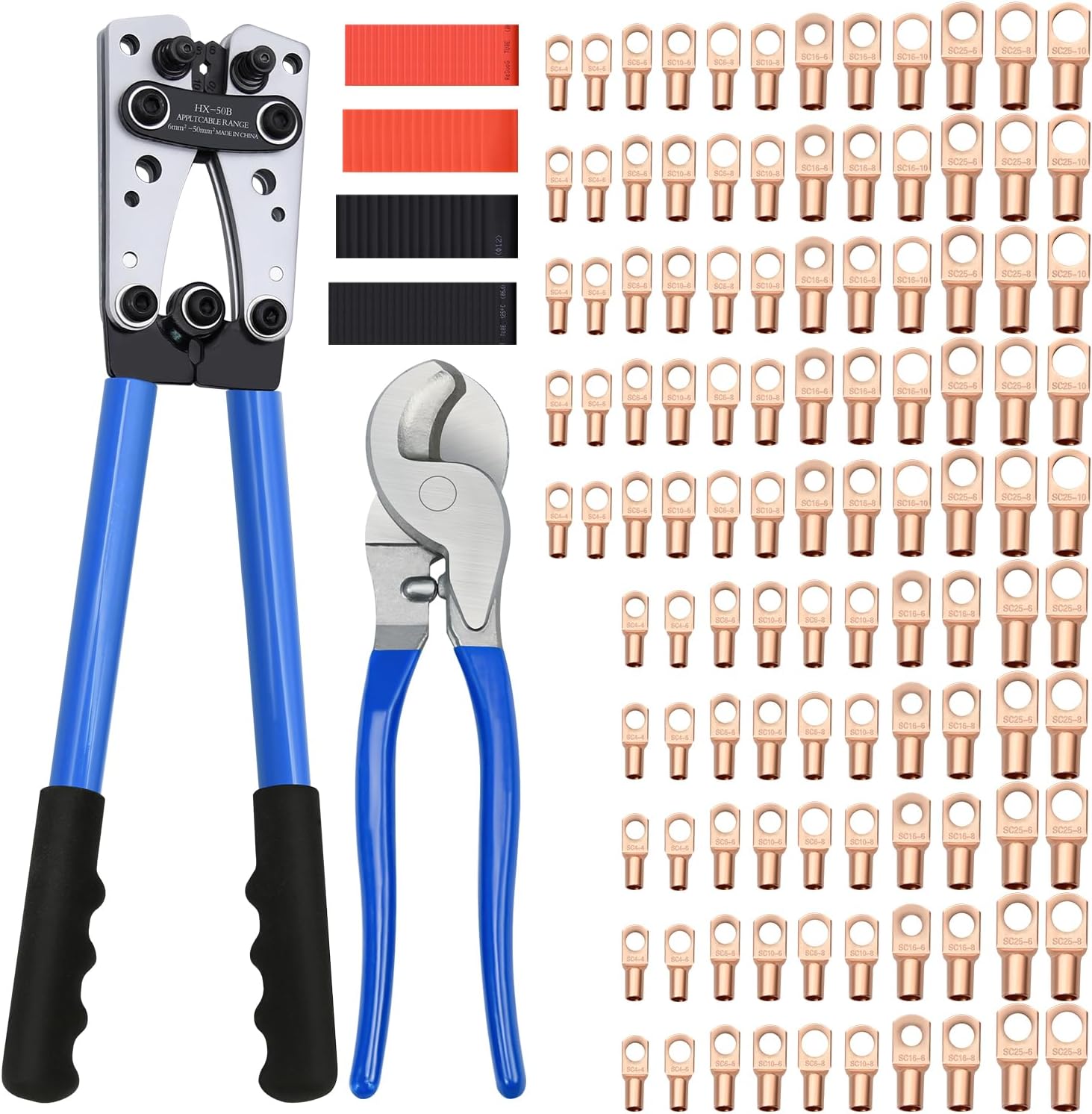 Cable Lug Crimping Tool with 170pcs Copper Wire Lugs, Wire Crimping Tool for AWG 10-1/0 Electrical Lug Crimper, with Cable Cutter, 210pcs Dual Wall Adhesive Heat Shrink Tubing