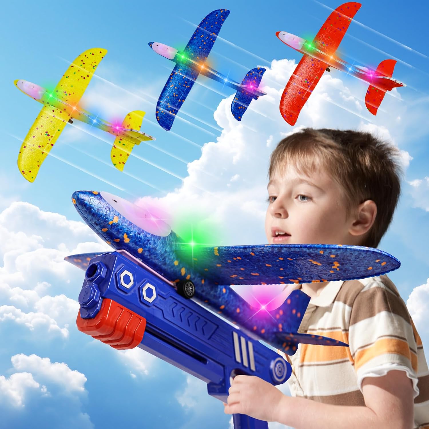 3 Pack Airplane Launcher Toys, LED Throwing Glider Plane, Catapult Aeroplane Toy with Gun, Foam Flying Toy Outdoor Garden Sports Shooting Game, Fun Birthday Gift for Kids Age 3+