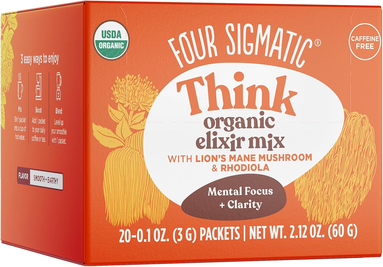 Four Sigmatic Lion's Mane Elixir Mushroom Coffee Alternative | Organic Lion's Mane Mushroom Powder, Rhodiola & Rose Hips | Immune & Memory Support | Paleo | Pack of 21