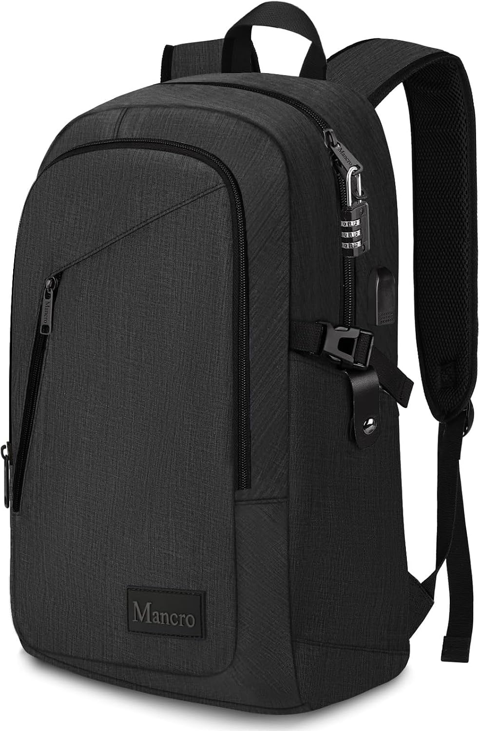 Mancro Anti Theft Backpack,Small Laptop Backpack 15.6 Inch with USB Charging Port & Lock,Water Resistant Lightweight Laptop Rucksack Mens Women,Anti Theft Bag Gifts for office,School Bag,Black