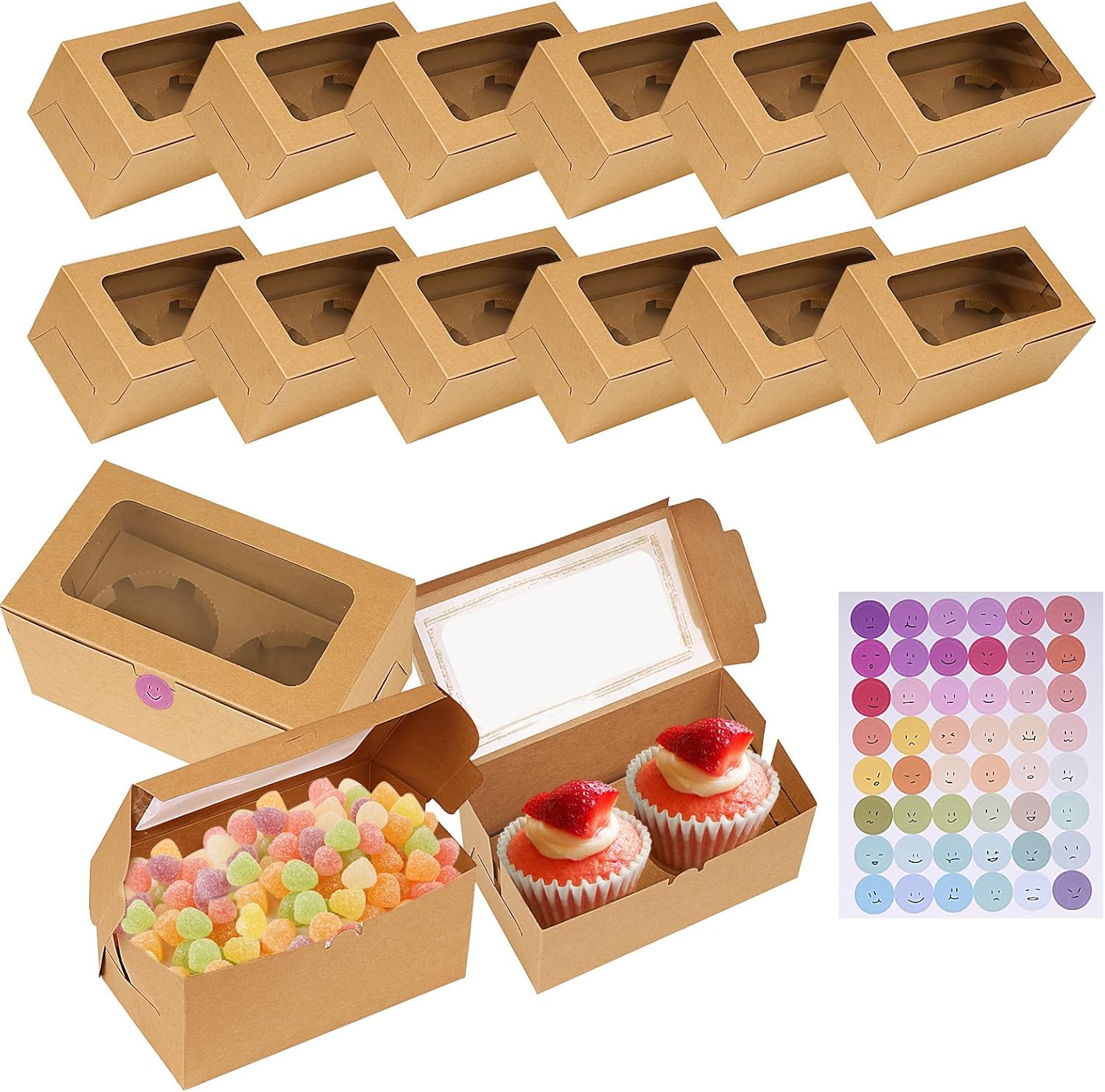 JETOP 16 Packs Kraft Cupcake Boxes 2 Holes, Small Cake Boxes with Window and Insert, Bakery Pastry Packaging Boxes for Muffin Treat Brownie Cake Sweet Bakery Cookie Biscuit Dessert Candy Gifts