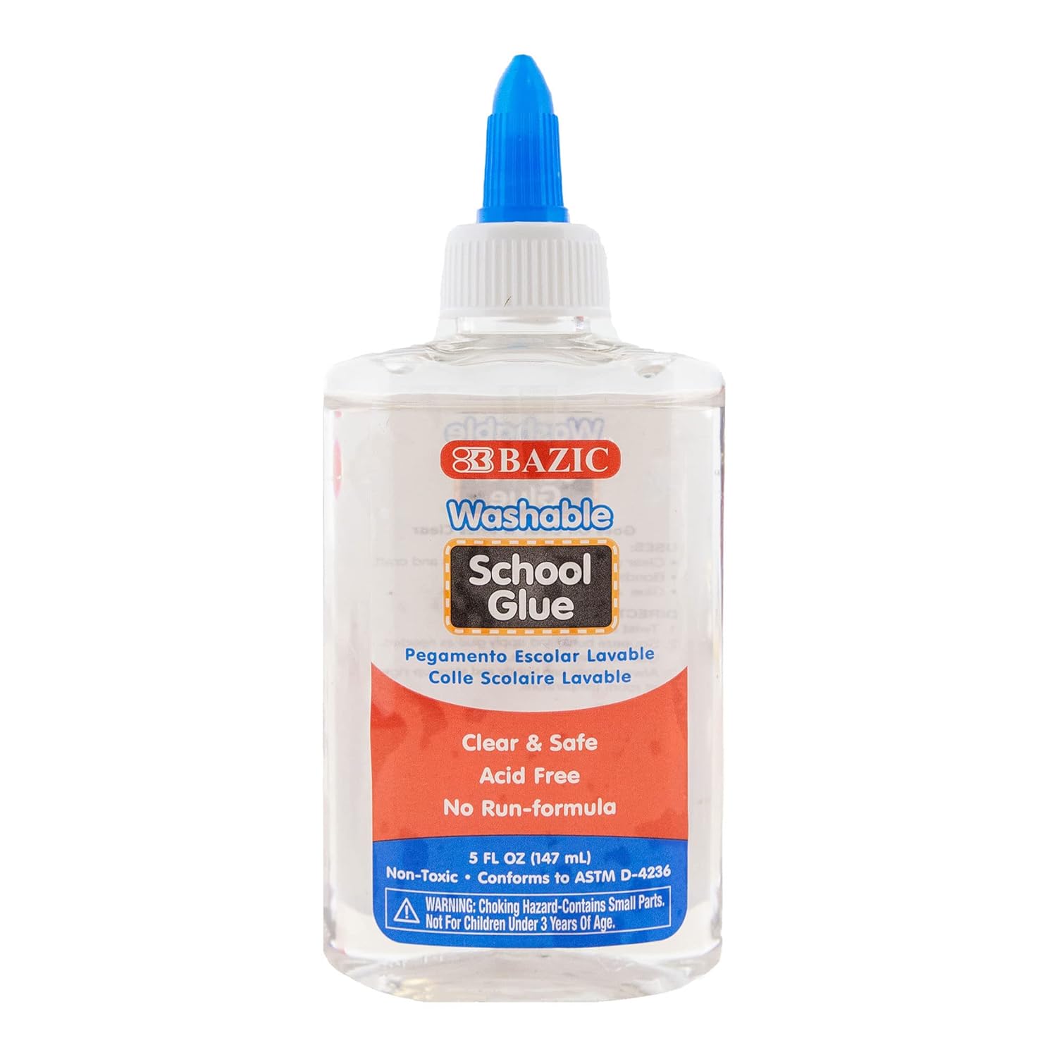 BAZIC Washable Clear School Glue 5 Oz. (147 mL), Liquid Clear Glues Adhesive, for Making Slime Art Crafts at School Home Office, 1-Pack