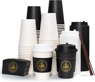 JOLLY CHEF 100 Pack 12 oz Disposable Coffee Cups, Paper Coffee Cups with Lids, Sleeves and Stirrers, Hot Cups for Office, Home, Travel (Black and White)