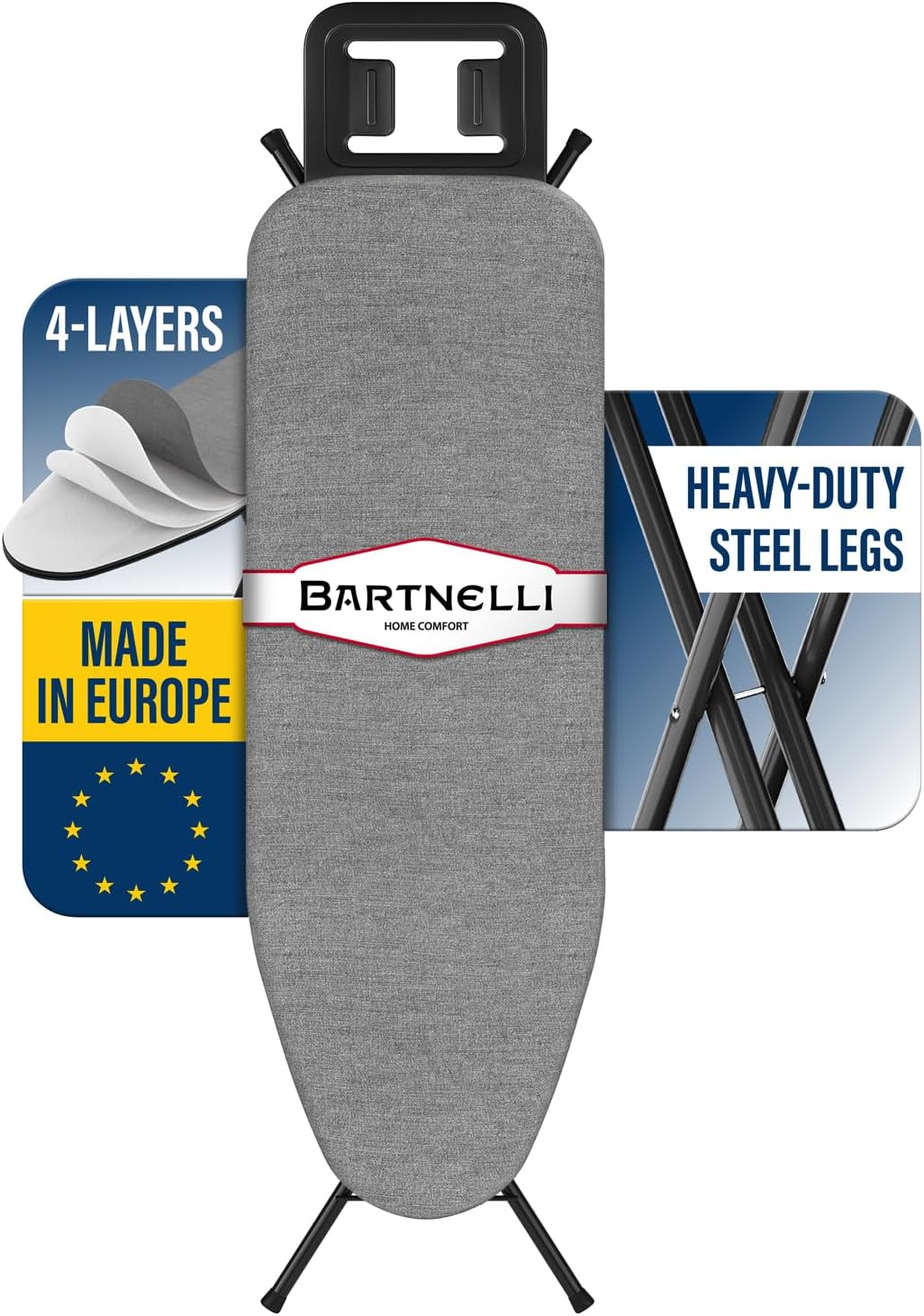 Bartnelli by Rorets Ironing Board Made in Europe | Iron Board with 4 Layered Cover & Pad, Height Adjustable up to 36" Features A Safety Iron Rest, 4 Steel Legs, for Laundry Room or Dorm Use (43x13)