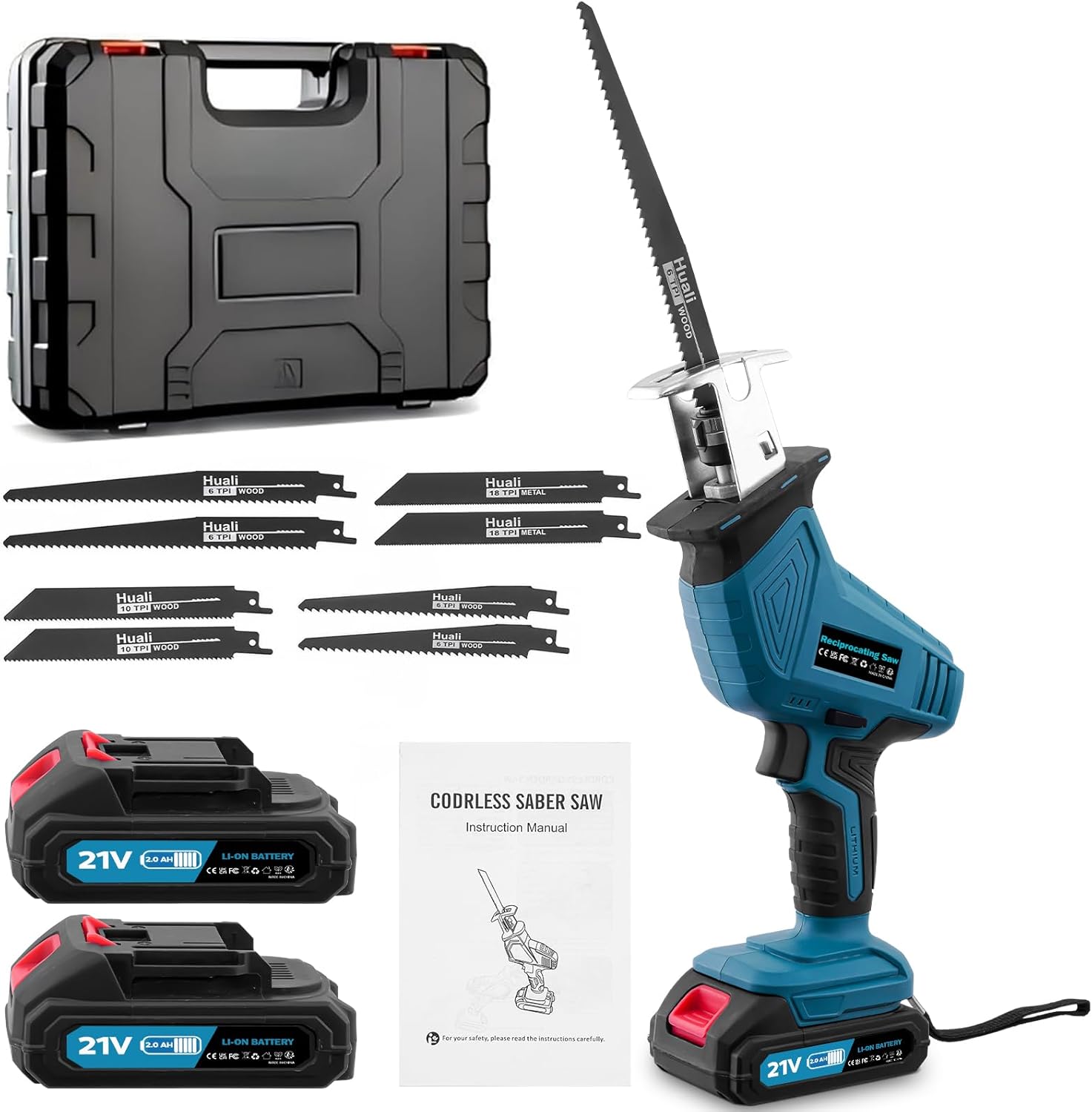 Worshow Reciprocating Saw, 0-4000 RPM Variable Speed Reciprocating Saws, 21V Cordless Wood Saw Electric, Electric Saws to Cut Metal, for PVC Cutting with 2 Batteries, 8 Sawing Blades (Blue)