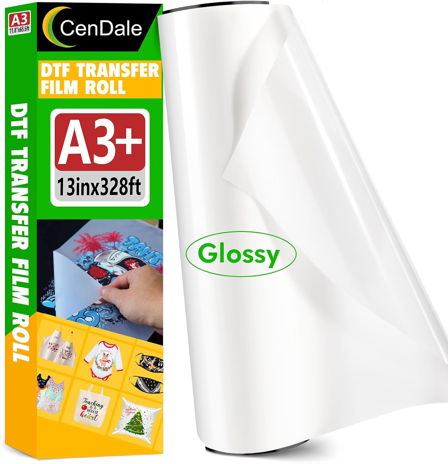 CenDale DTF High Quality Glossy DTF Transfer Film Roll A3+ DTF Hot & Cold Peel for Dark & Light T-Shirts (13" x 328ft, Gloss)