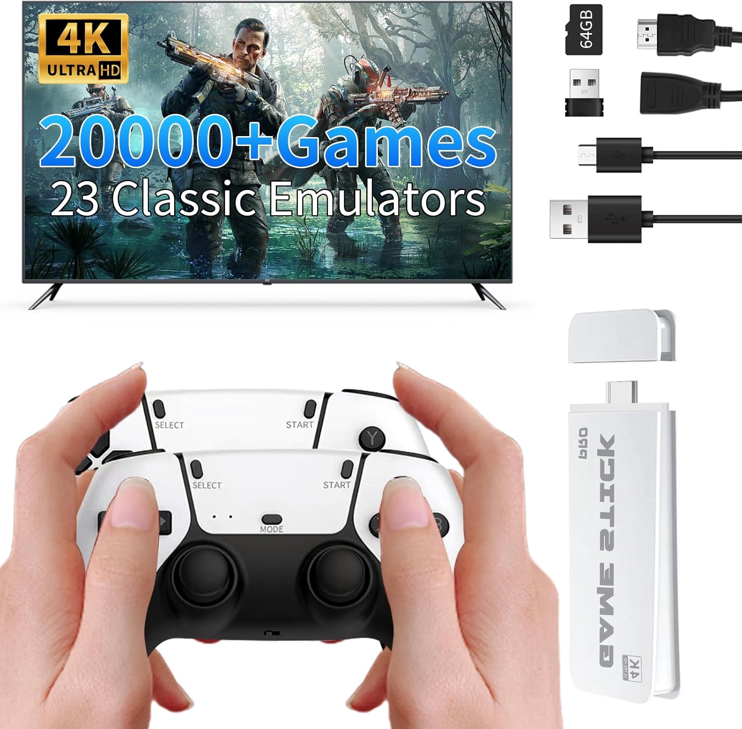 Wireless Retro Game Console Stick Built-in 20000+ Classic Games, 4K HDMI Output Nostalgia Plug & Play Retro Video Gaming Stick, Retro Game Console with 23 Emulators and Dual 2.4G Wireless Controller