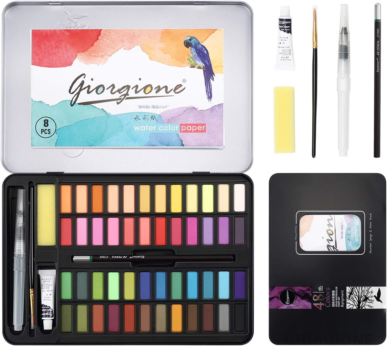 DazSpirit Watercolour Paint Set, 48 Colors in Portable Box with Watercolour Papers, Brushes, and Tools, Travel Watercolour Set Ideal for Artists, Hobbyists