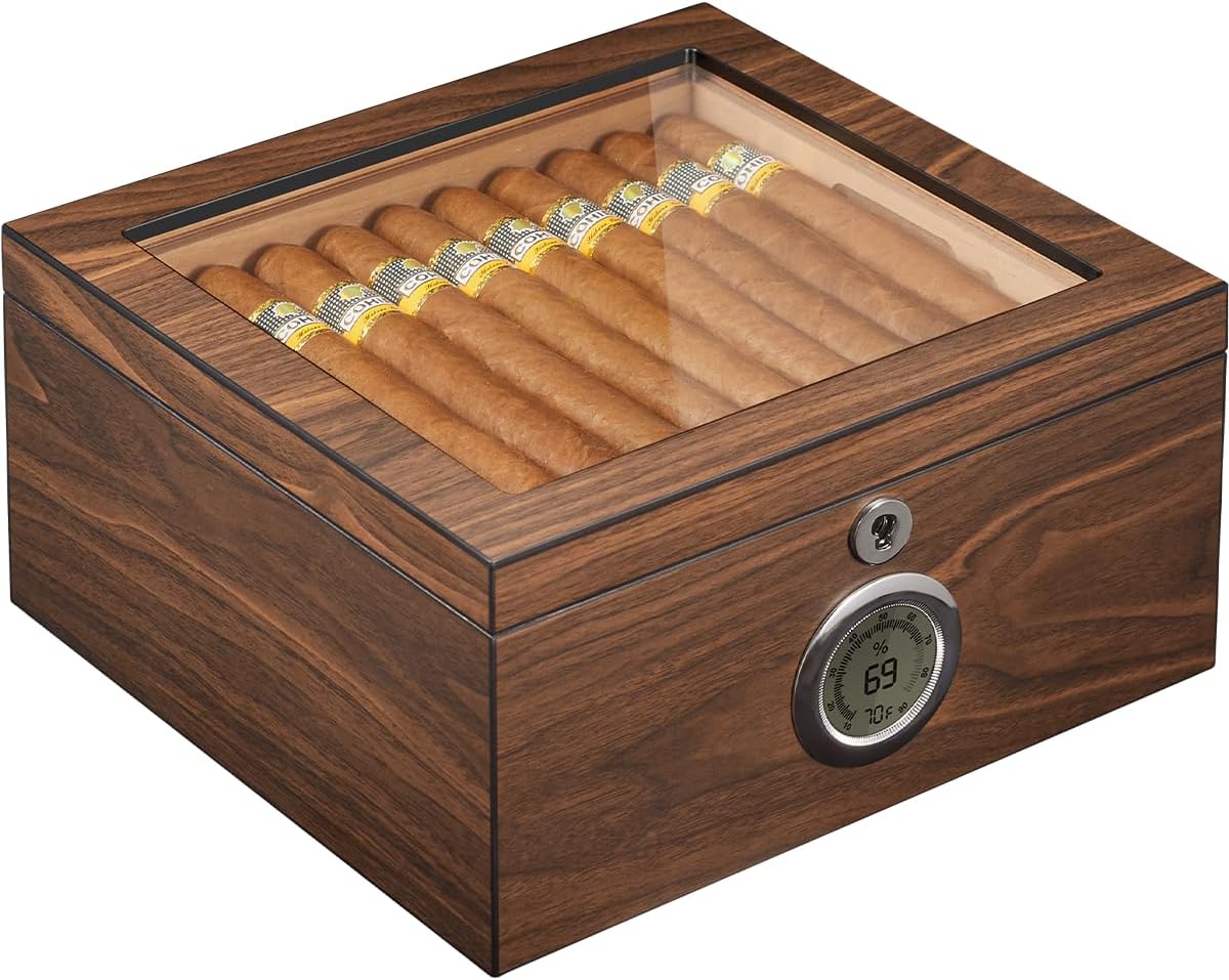 Cedar Cigar Humidor 60-Cigar Capacity with Lock & Digital Hygrometer, 2 Cigar Humidifiers & Easy Humidification System, Slotted Tray, Shelf, and Dividers - Ideal Gift for Cigar Lovers
