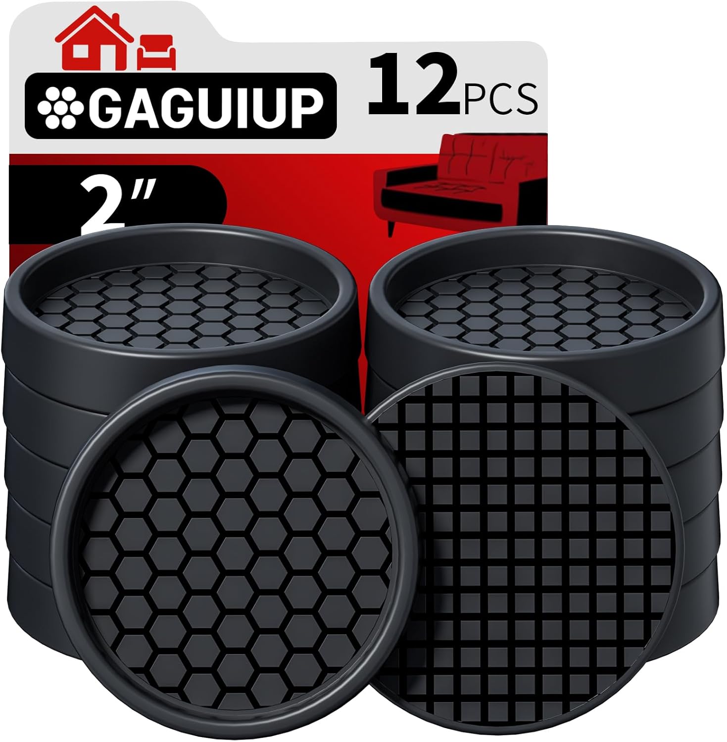 Non Slip Furniture Pads - 2" Anti Skid Caster Cups, 12PCS Round Furniture Coasters for Hardwood Floors, Anti Slide Furniture Cup Bed Couch Floor Protectors,Furniture Stoppers to Prevent Sliding(Black)