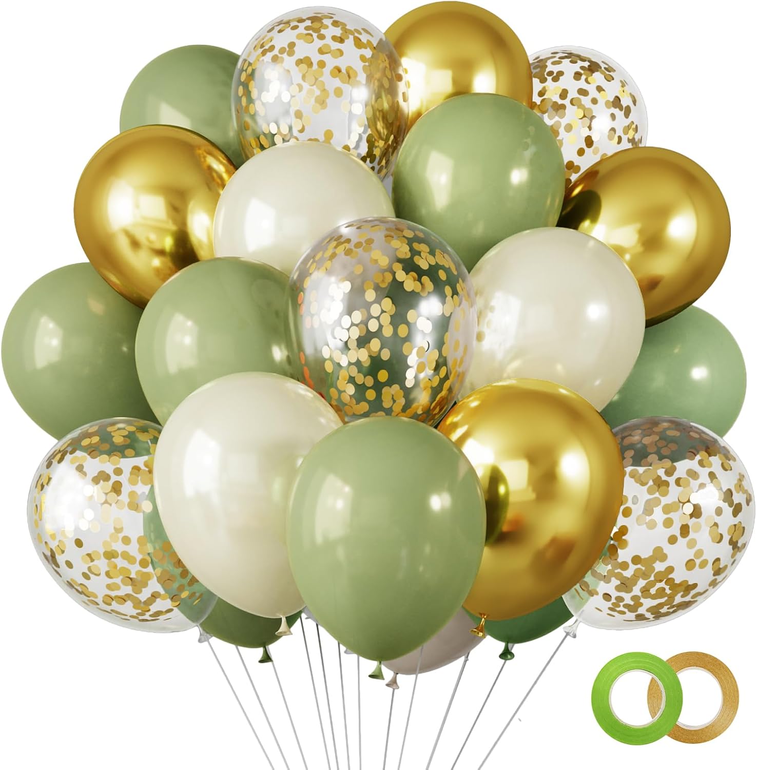 RUBFAC 65 Pcs 12 Inches Sage Green Gold Confetti Balloons Kit, Green Gold Sand White Party Balloons with Ribbons for Tiana Birthday, Wedding, Baby Shower, Graduation, Eucalyptus Party Decorations