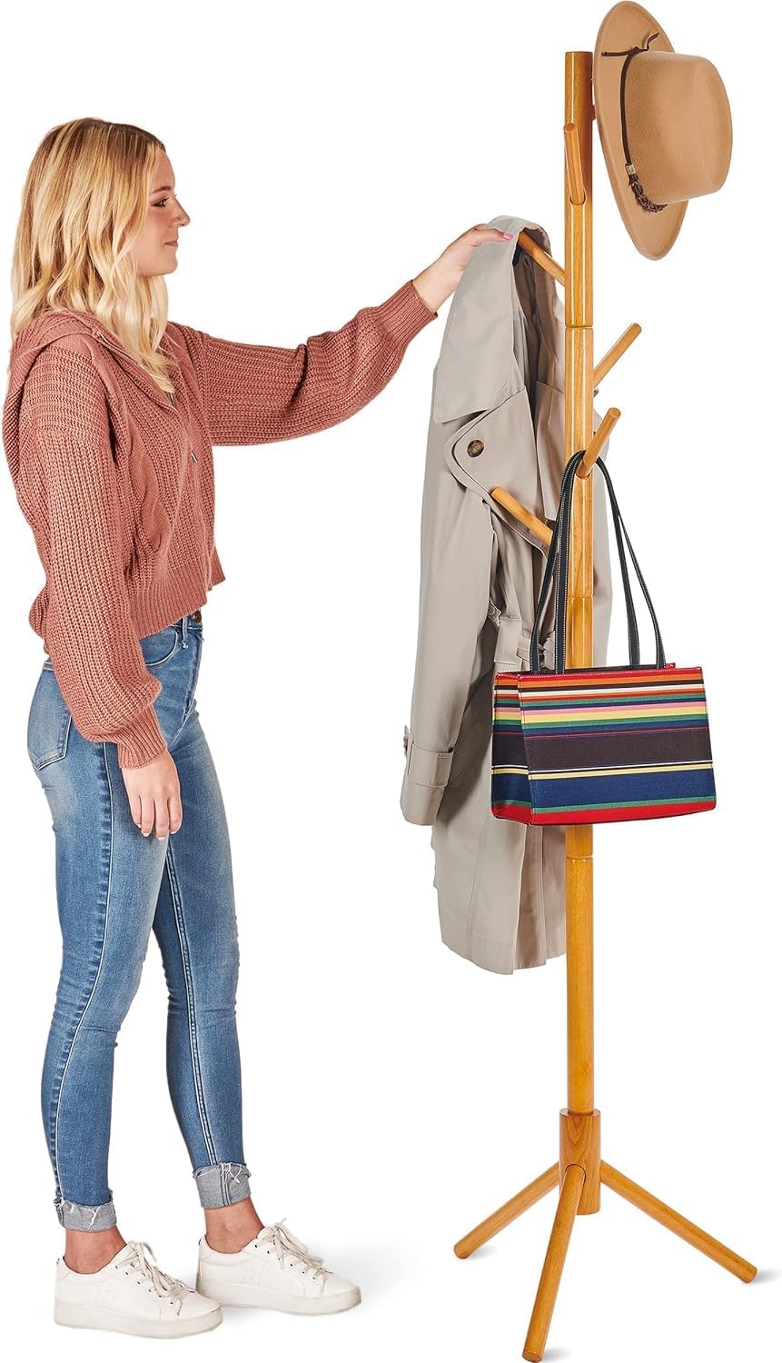 Verahaus High-Grade Wooden Tree Coat Rack Stand, 6 Hooks, Super Easy Assembly NO Tools Required, 3 Adjustable Sizes Free Standing Hallway Coat Hanger Hat Stand (Natural)