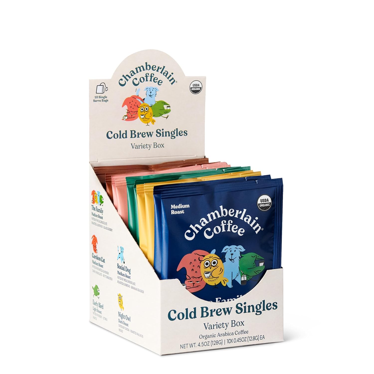 Chamberlain Coffee Variety Cold Brew Singles Medium Roast – USDA Organic, 10 Single Serve w/Different Flavors - Arabica Coffee - Smooth, Rich & Balanced Flavor - Low Acidity & No Biterness