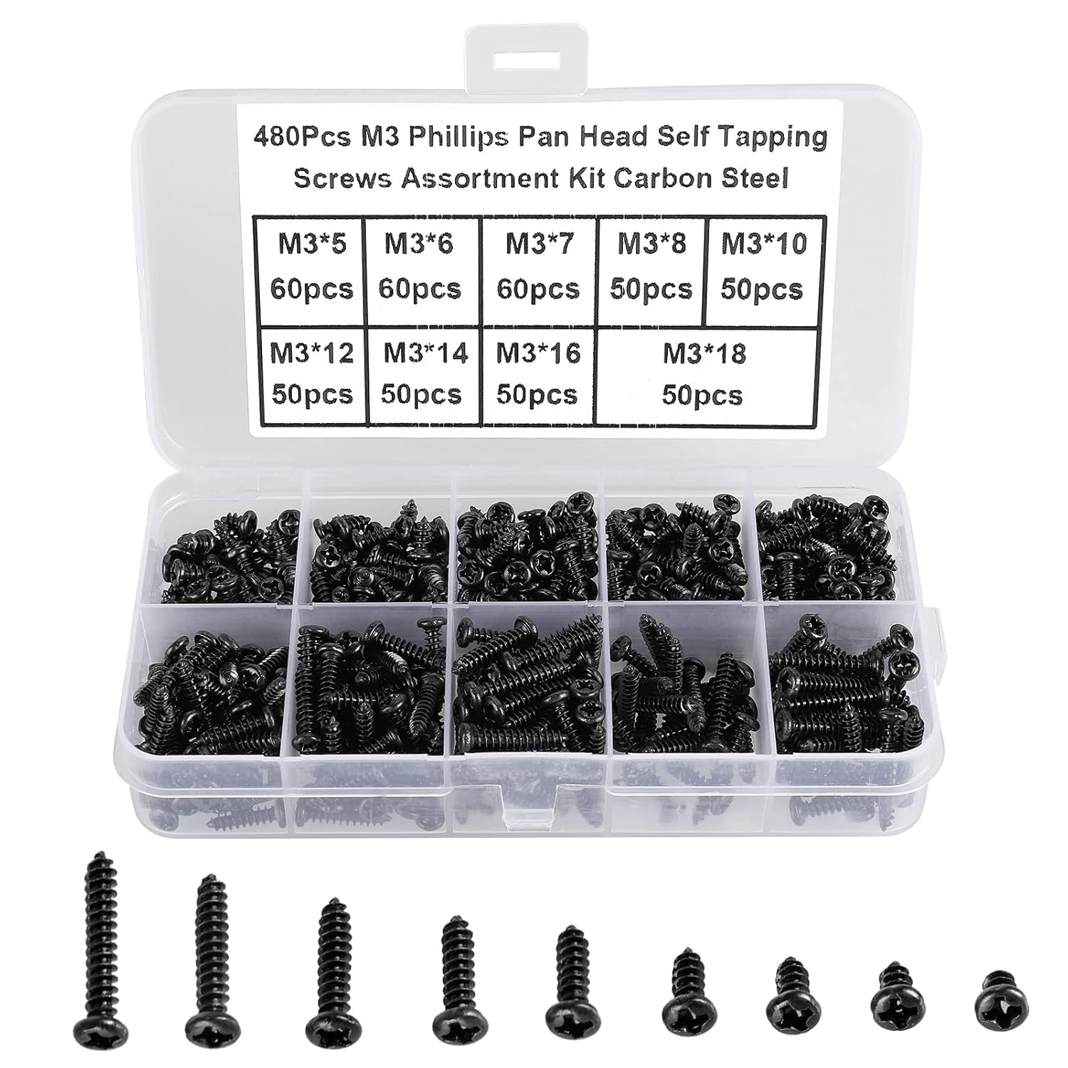 FandWay 480Pcs Self Tapping Screws Black,M3 Small Wood Screws Kit,Round Head Self Drilling Screw,Pan Head Sheet Metal Screw Phillips/Cross Drive for DIY WoodWork Repairs.