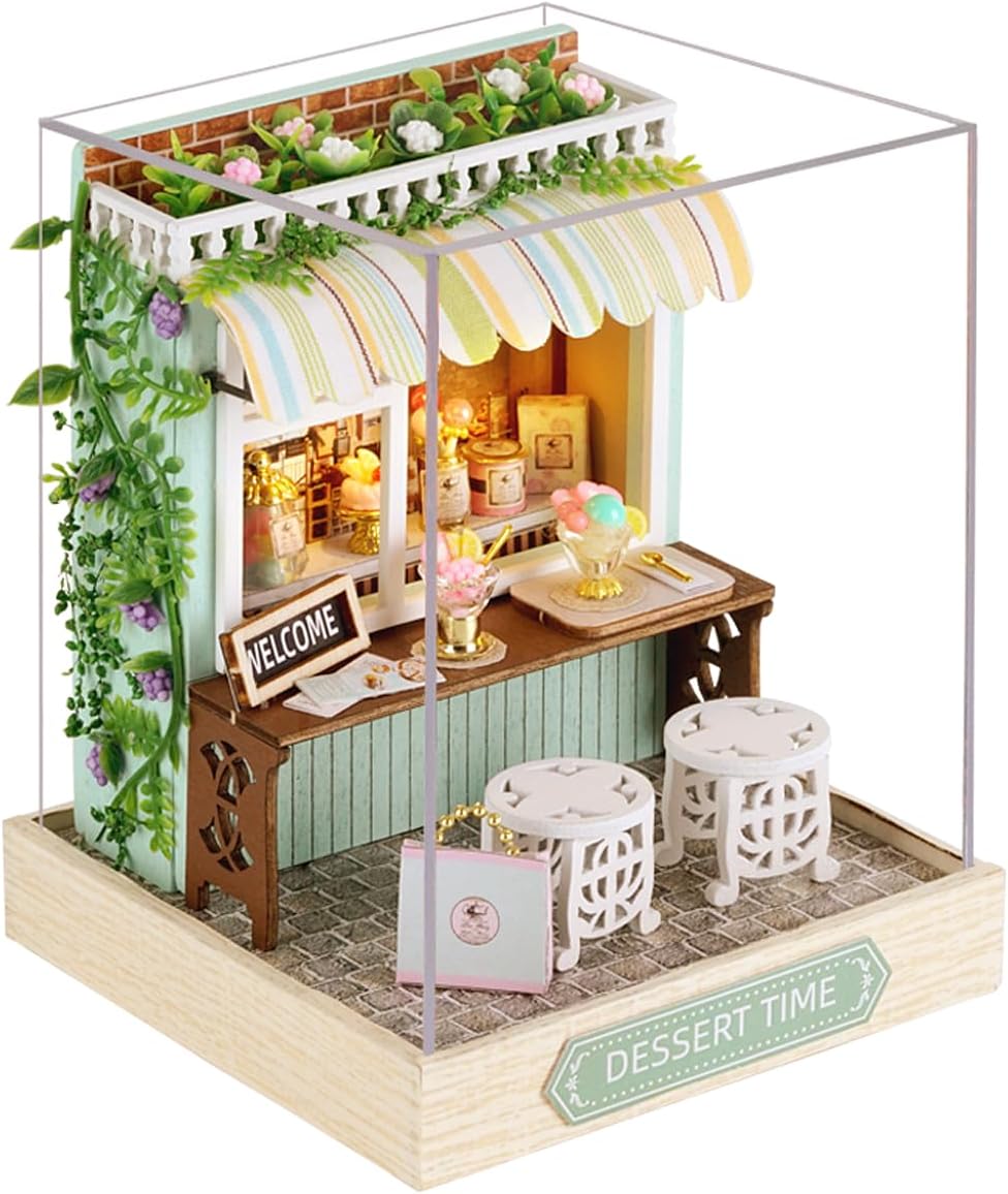 CUTEROOM DIY Miniature House Kit, Wooden Dollhouse Kit Mini House Making Kit with Furnitures and Dust Cover (Dessert Time)