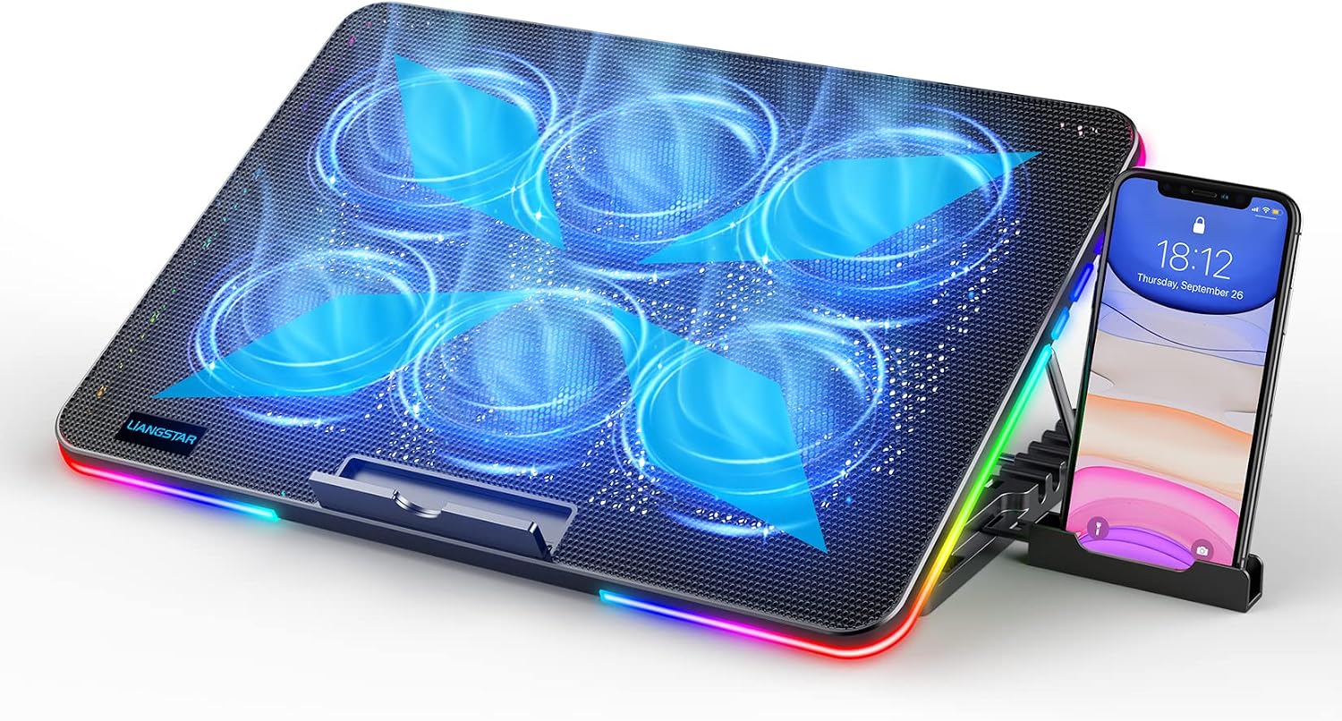 LIANGSTAR Laptop Cooling Pad, Laptop Cooler, 10 RGB Lighting Modes & 7 Height Adjustable, 6 Quiet Fans Strong Wind with 2 Speed Control, Suitable for 11.3-17 Inch Gaming Laptops (Multicolor)