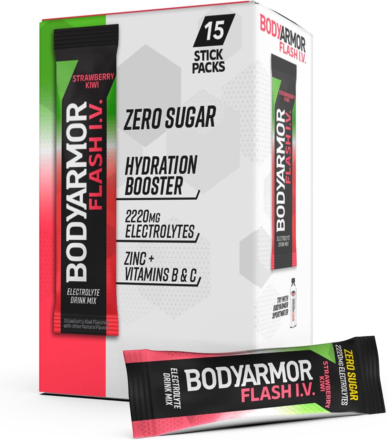 BODYARMOR Flash IV Electrolyte Packets, Strawberry Kiwi - Zero Sugar Drink Mix, Single Serve Packs, Coconut Water Powder (15 Count) | Sugar-free Electrolyte Powder Hydration Packets, Coconut Water Drink Mix Packet, 2,290mg Electrolytes, Zinc & Vitamins B + C