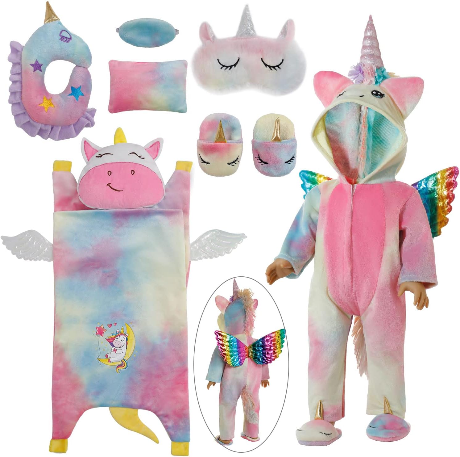 Girl 18 Inch Doll Sleeping Bag & Clothes Accessories Set - Unicorn Doll Costume with Unicorn Style Sleeping Bag, Eye Masks, Pillow, Slippers - Fits My Life, Generation, Journey Dolls