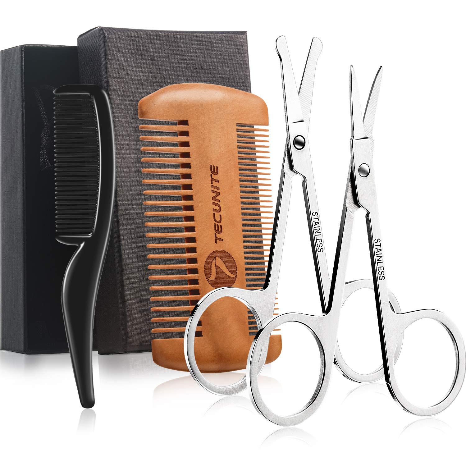 TecUnite 4 Pieces Mustache Scissors Grooming Kit for Men Mustache Trim Comb and Scissors Beard Trimming Kit with Storage Bag