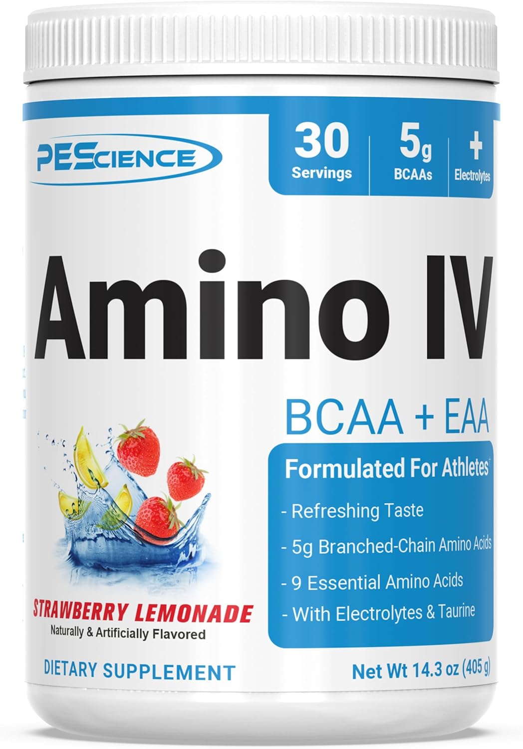 PEScience Amino IV BCAA & EAA Powder, Strawberry Lemonade, 60 Scoop, Essential Amino Acids, Taurine, Electrolytes for Hydration and Muscle Recovery, Sugar Free for Men & Women, Post Workout
