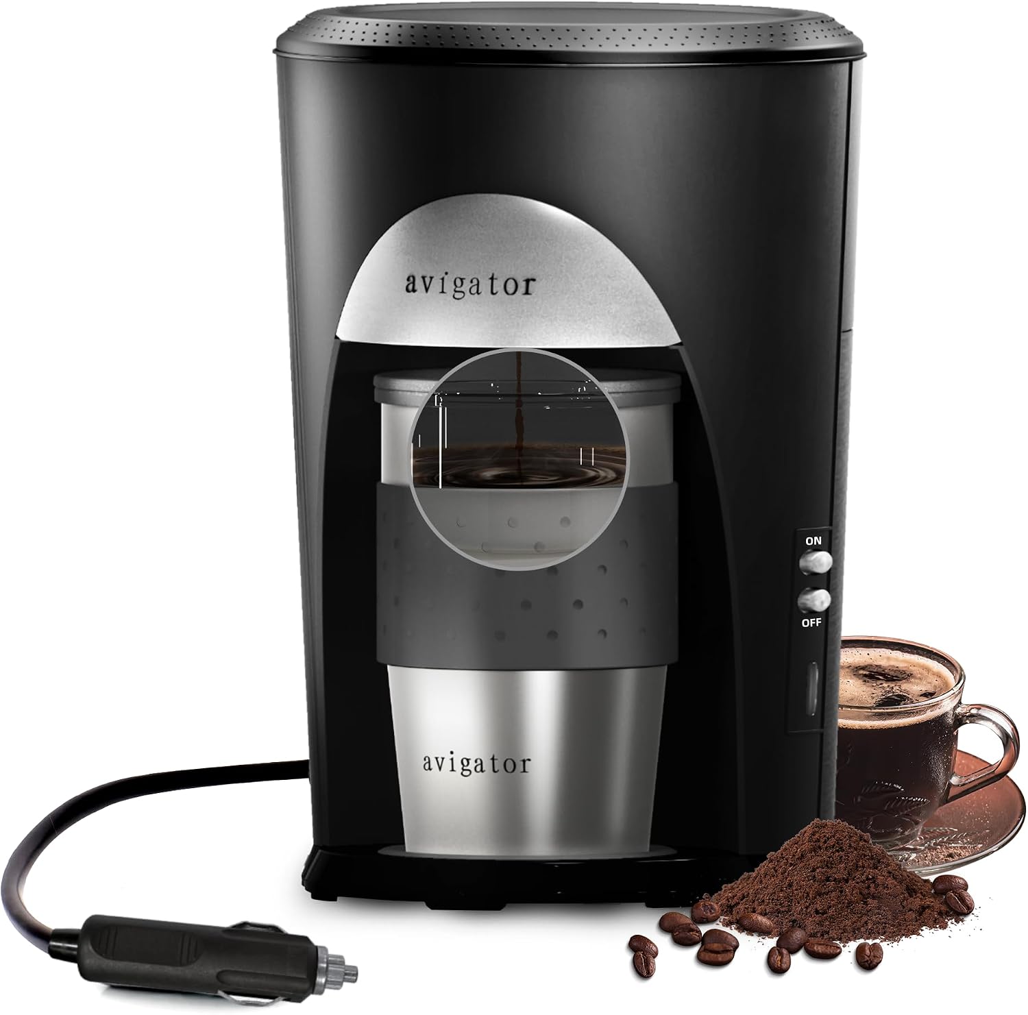Portable Coffee Maker for Traveling Camping, Compact Drip Coffee Machine,10oz Single Serve Mug, Use for Home Office, Truck Work, Permanent Filter, Silver Black