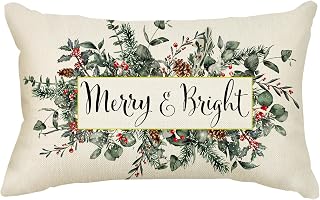 AOKE Christmas Merry & Bright Eucalyptus Mistletoe Throw Pillow Cover, 12 x 20 Inch Winter Holiday Decorative Lumbar Pillow Cover Rectangle Cushion Case for Sofa